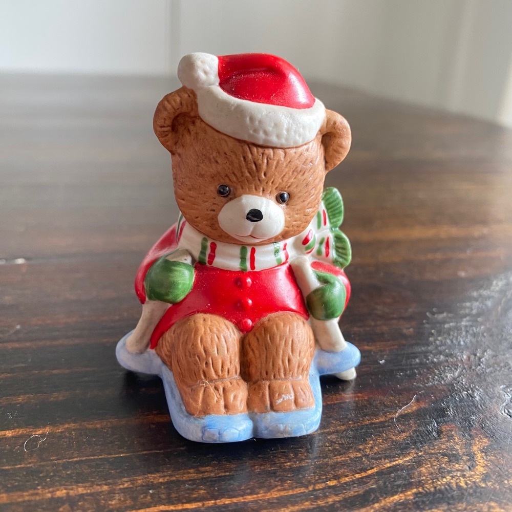 Vintage Christmas Teddy Bear Figurine Ceramic Ice Skating Santa Hat Red Sweater